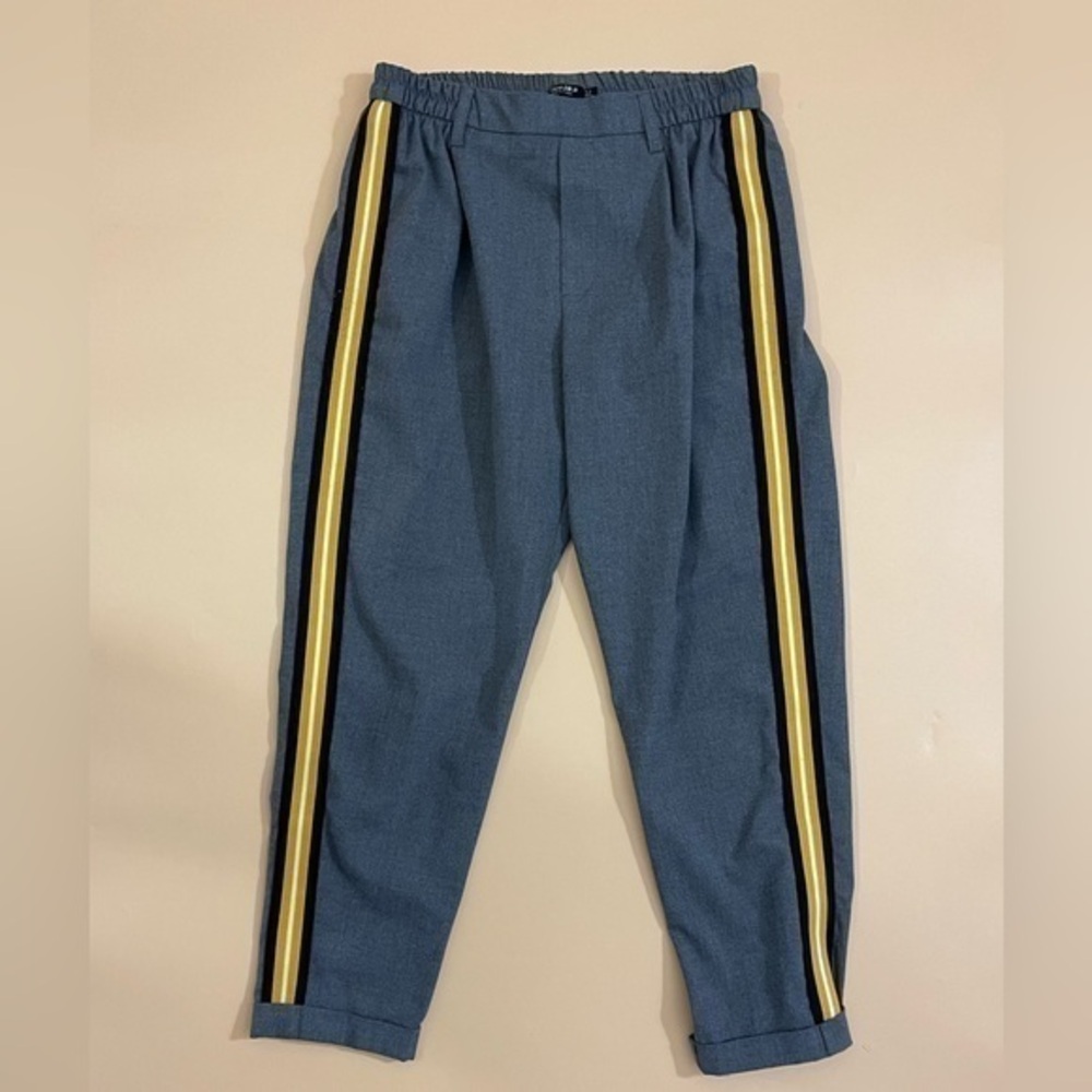 Bershka Blue Tapered Pants with Yellow & Black Side Stripes
